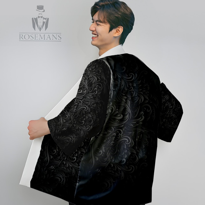 Kimono Blazer Semi Formal Hitam Motif Bunga Pria