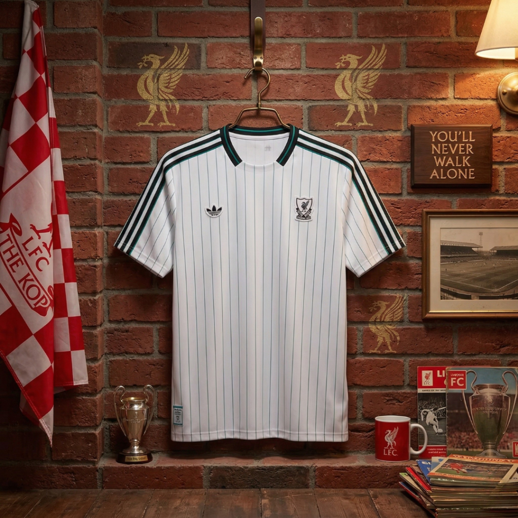 Kaos Jersey Icon Adds x Liverpool Putih Stripe Pria Wanita Premium