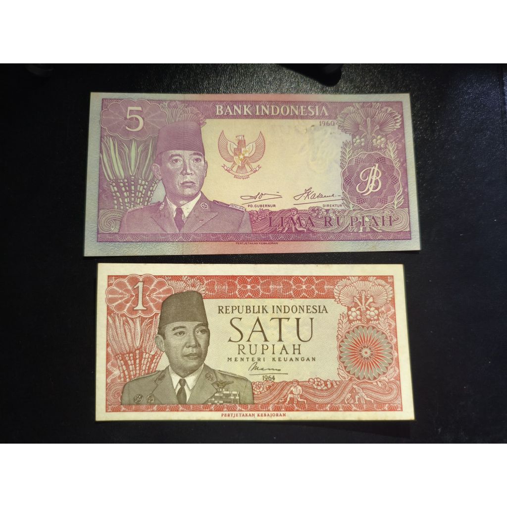 Paket Uang kertas kuno 1 rupiah tahun 1964 dan 5 rupiah tahun 1960 soekarno (aUNC/UNC)