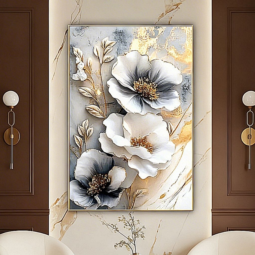 Lukisan Dinding Abstrak Minimalis Estetik Modern Kanvas Bunga Mawar Bingkai Fiber Dekorasi Rumah Rua