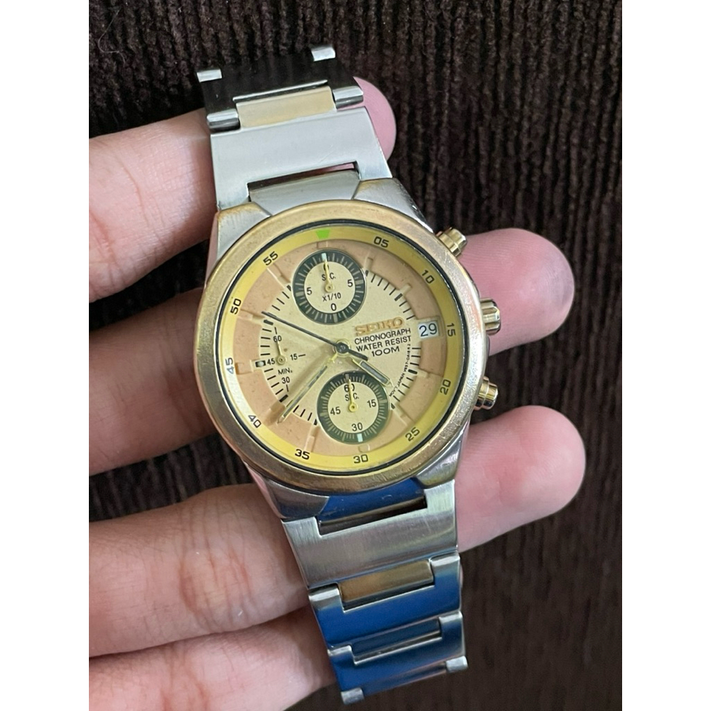 Jam Tangan Seiko Chronograph Yellow Dial V657 0A18 (Mod Case 5M68 0B80)