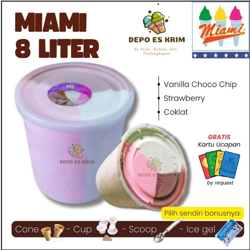 Es Krim  8 Liter Miami 3 in 1 Neapolitan Coklat Vanilla Strawberry (Bulk Galon Bucket Pail Literan)