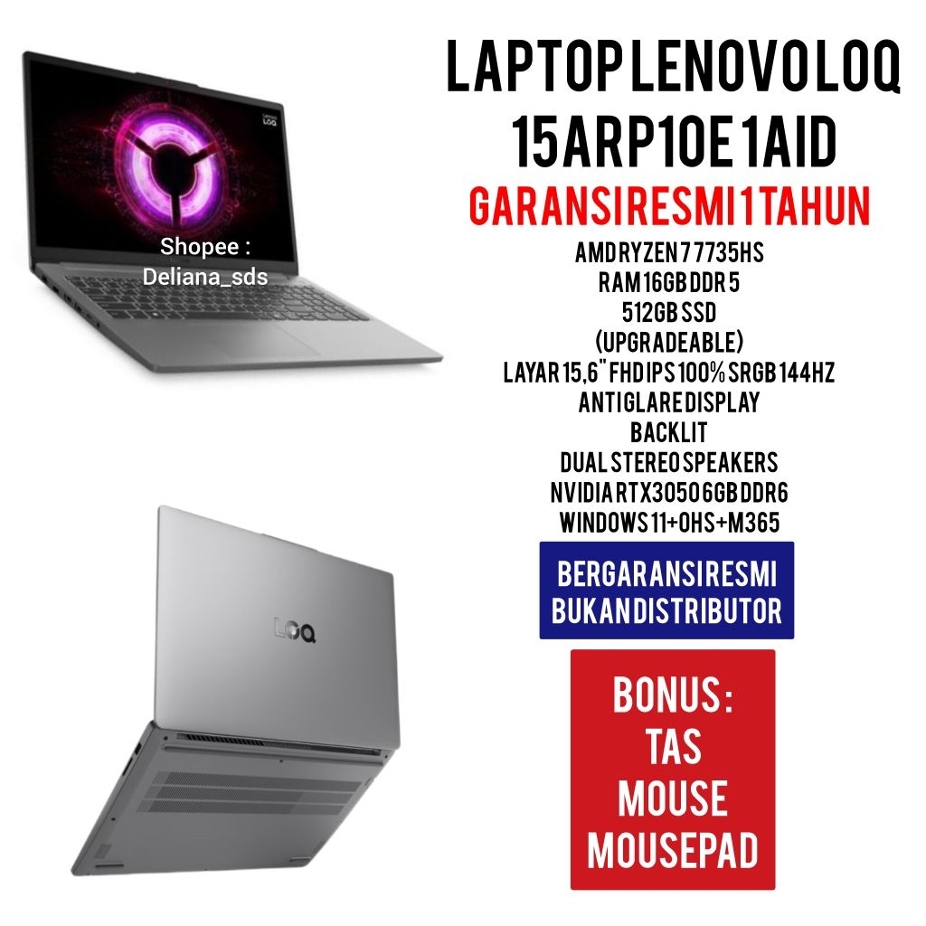 Laptop Gaming Lenovo LOQ 15ARP10E 1AID Ryzen 7 7735HS 16GB/512GB RTX3050 6GB DDR6 15,6" FHD IPS 144H