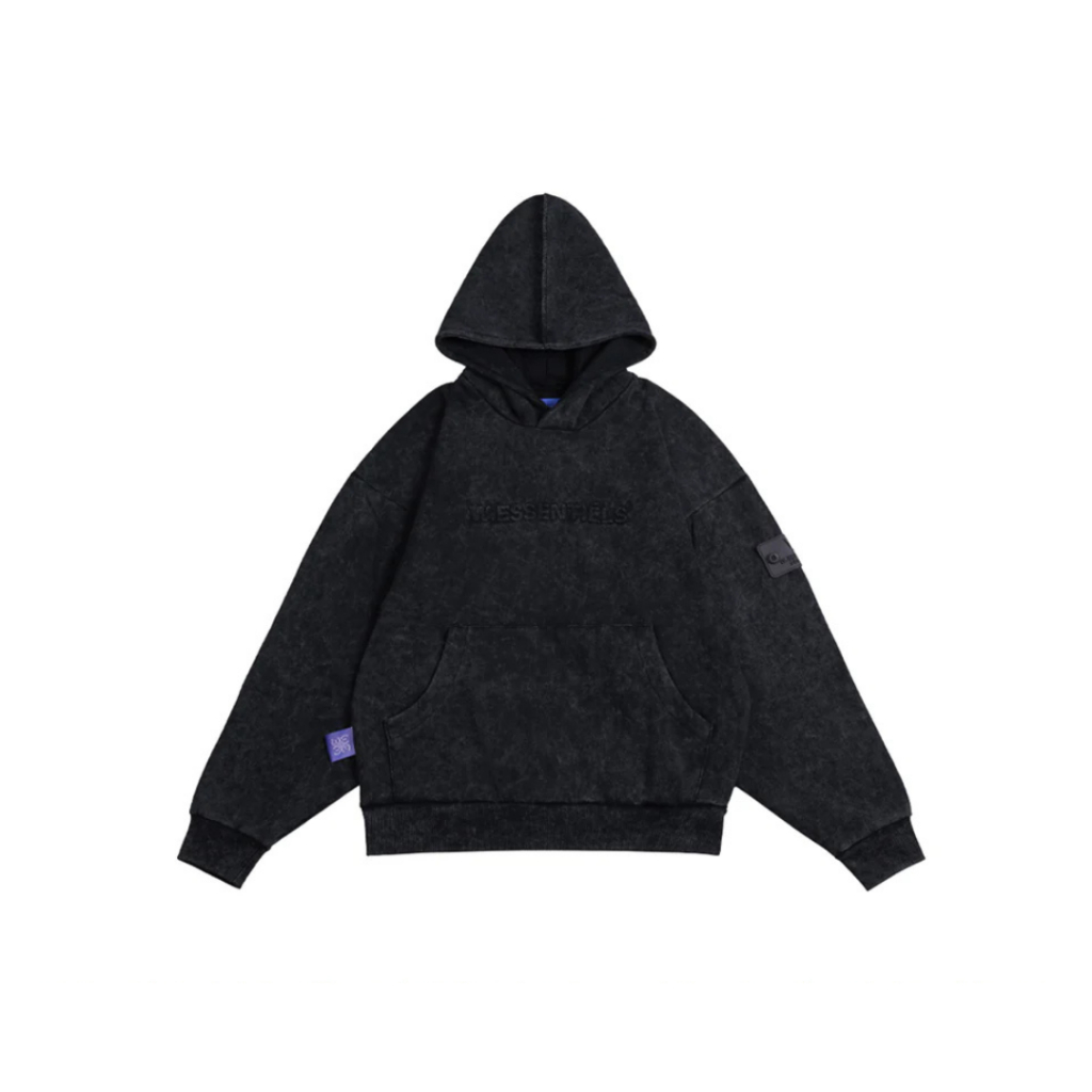 W Essentiels Hoodie Label Bleu Affinity Ref-7326 Acid Wash Imperial Cherry Stout Black- 100% ORIGINA