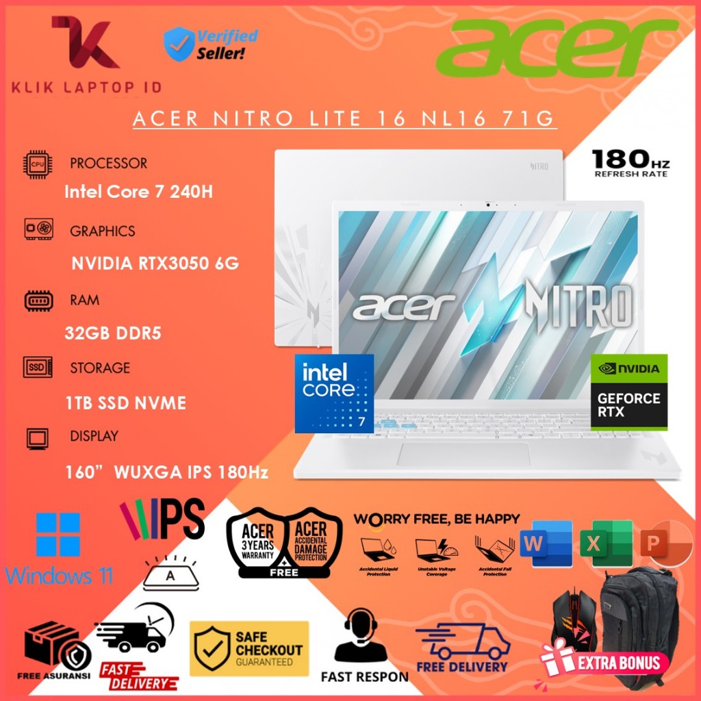 Laptop Gaming Termurah Acer Nitro Lite 16 NL16-71G Nvidia RTX 3050 6GB intel Core 7 240H 32GB 1TB SS