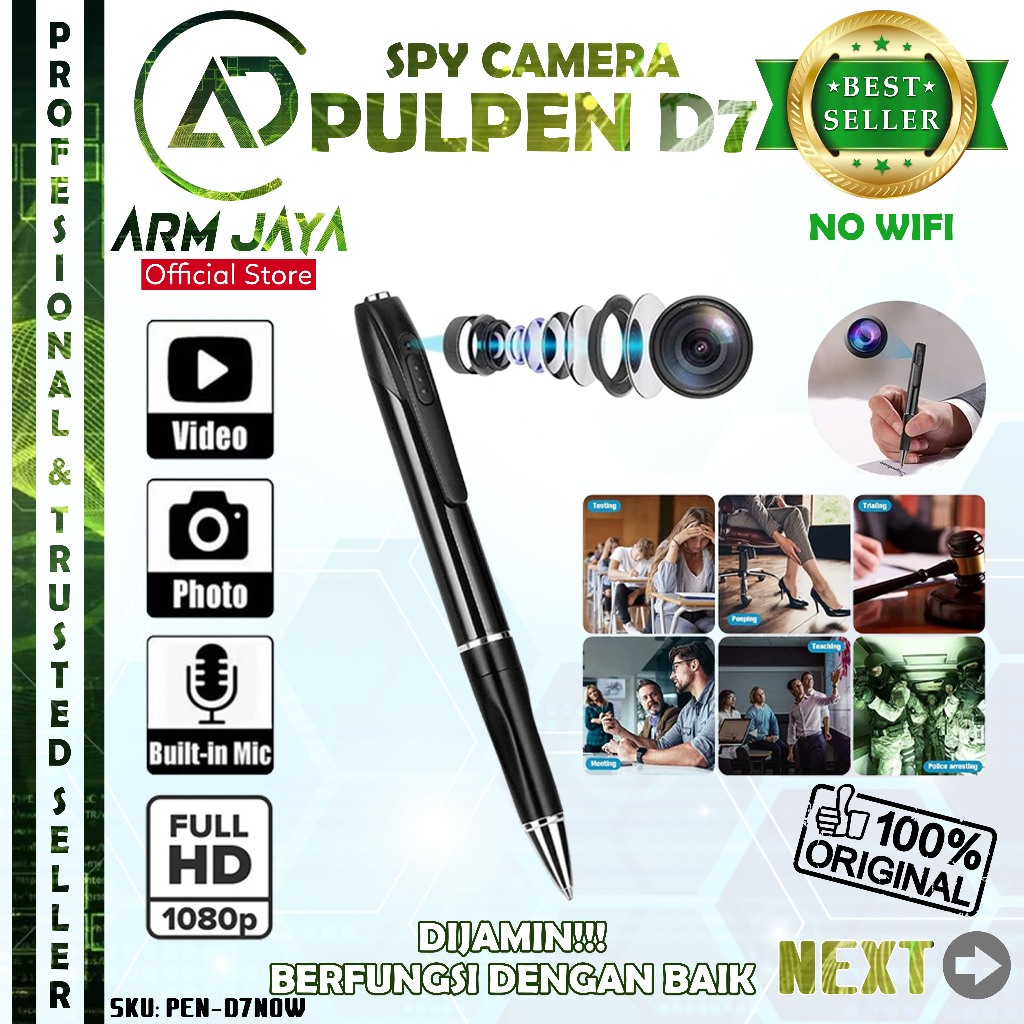 ArmJaya D7 Pulpen Kamera No WiFi 1080P Hidden Spy Cam Camera Mini Perekam Rahasia PEN-D7NOW