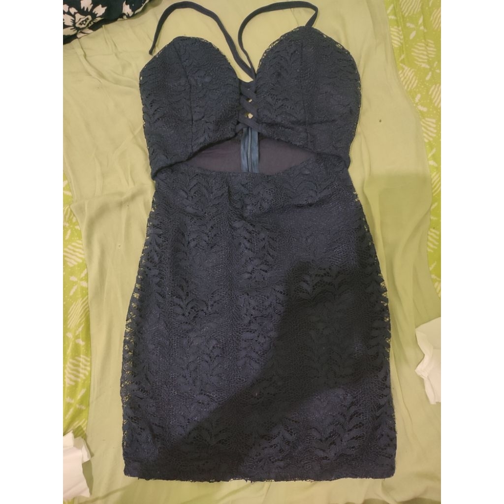 preloved mini dress pesta brokat biru dongker bekas