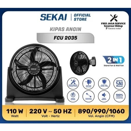 SEKAI Kipas Angin 20 Inch FCU-2035 2in1 Hemat Listrik 3 Kecepatan Hitam Baru Hemat Listrik Original