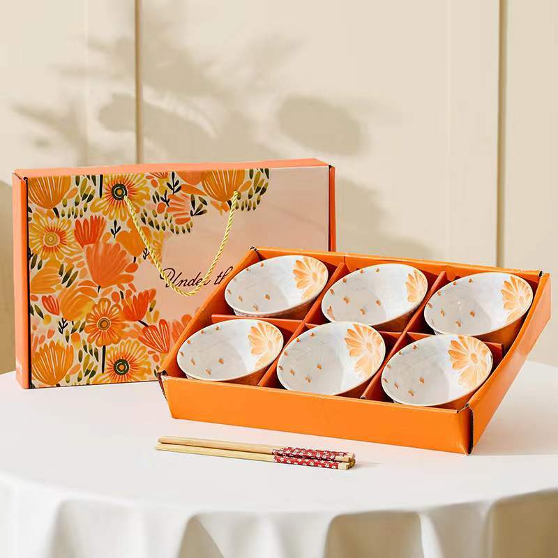 Grosir souvenir mangkok Set 6 mangkok keramik dengan sumpit bambu
