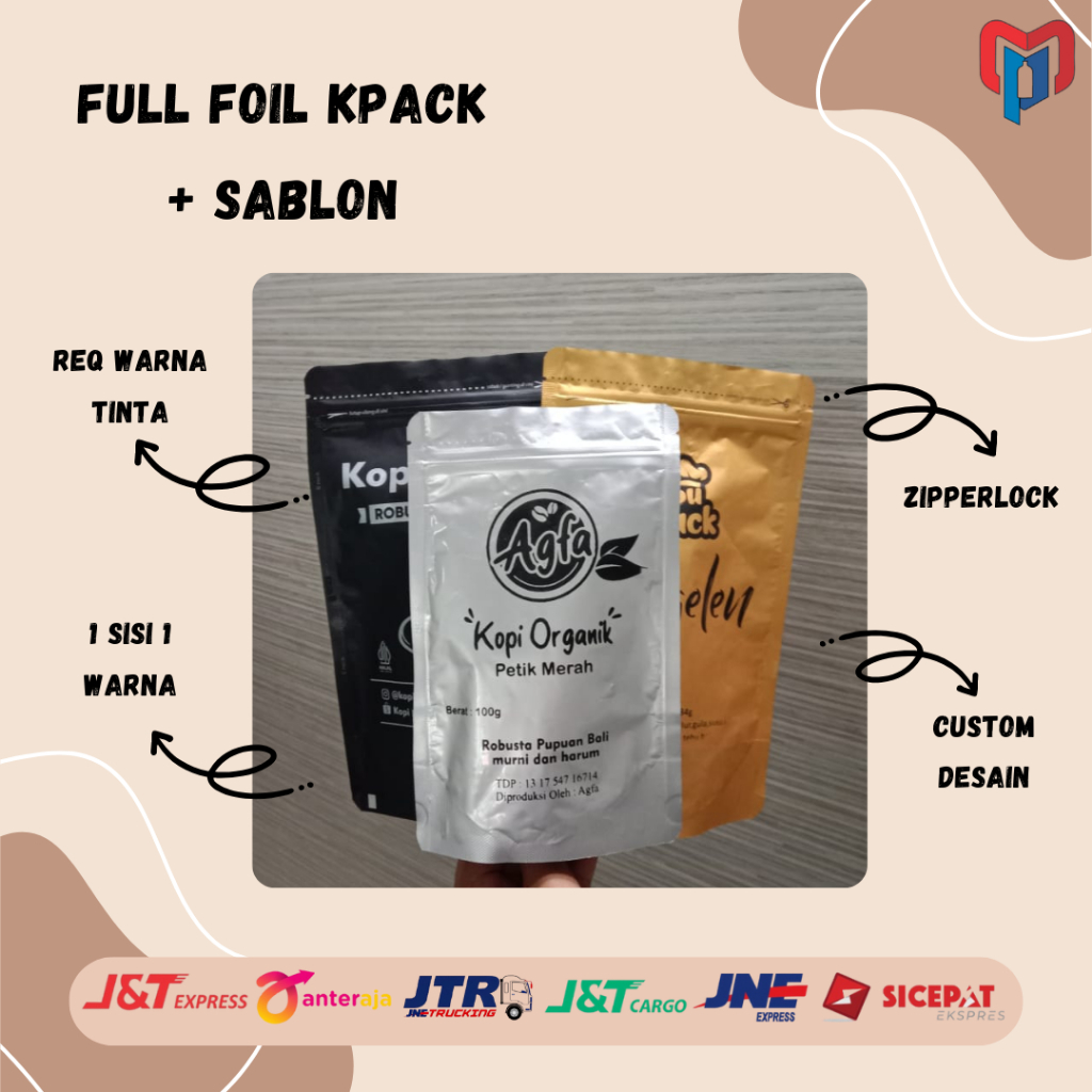 (100pcs) PAKET KEMASAN STANDING POUCH FULL FOIL KPACK + SABLON MERK CUSTOM DESAIN
