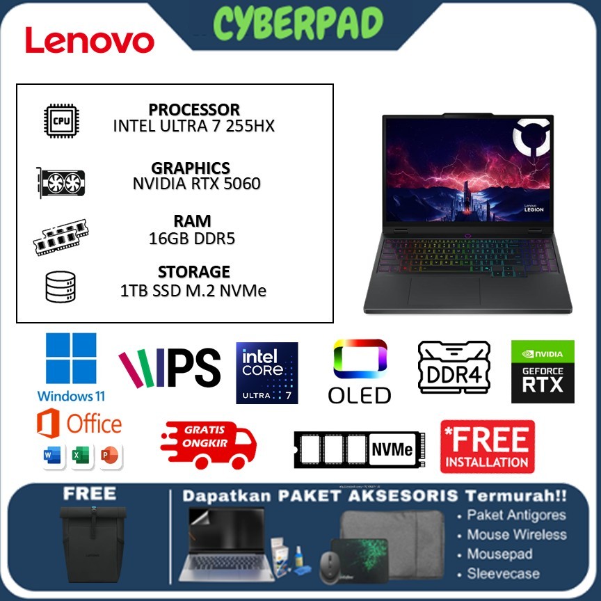 LAPTOP GAMING LENOVO LEGION PRO 5I 16 OLED ULTRA 7 255HX RTX5060 8GB/ 16GB 1TB W11+OHS+M365B 16.0WQX
