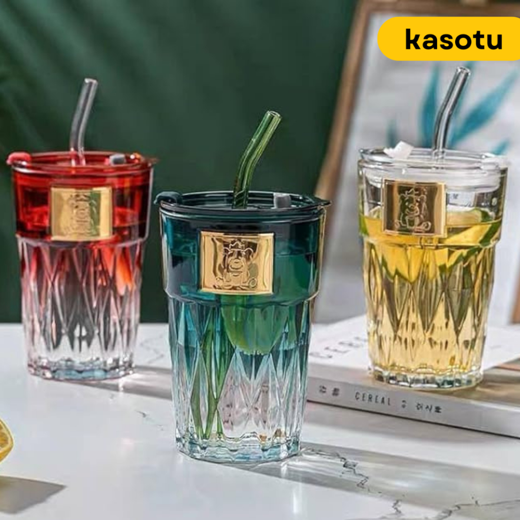 Gelas Kaca Kopi Matcha 430ml Teh Aesthetic Tutup Sedotan Anti Tumpah Korea Souvenir Kado