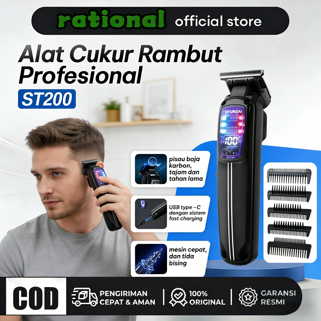 HYUNDAI ST200 Smart Trimmer Hair Clipper Elektrik Rechargeable Type-C Free 4 Sisir Cukur Rambut Kumi