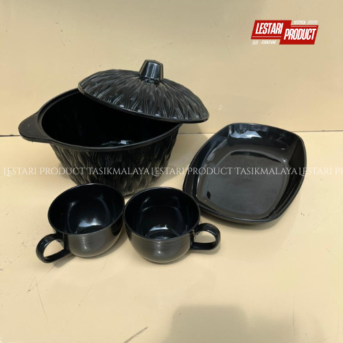 ( 4 IN 1 ) BASI CLIO HITAM TUTUP + PIRING SAJI HITAM ( FREE 2 CANGKIR LUNAR ) | WADAH SAYUR | TEMPAT