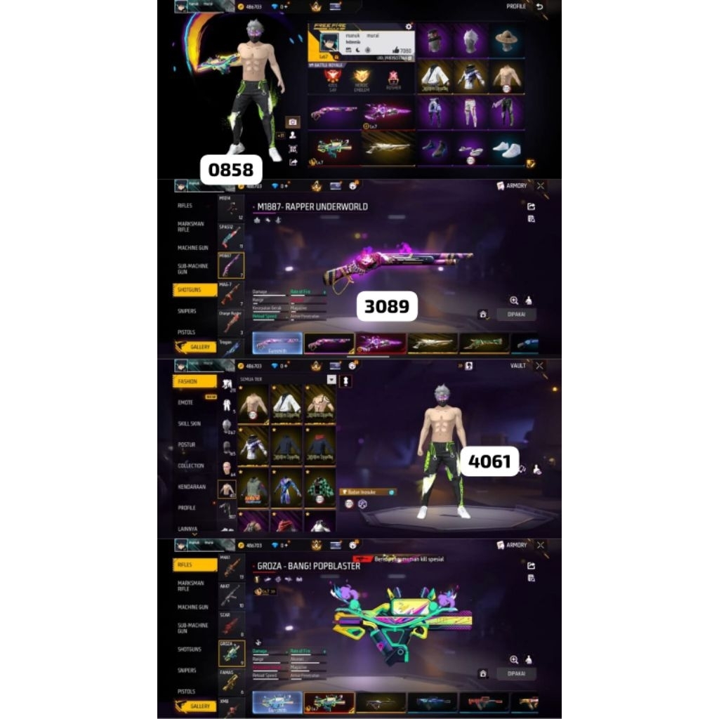 jual akun game free fire sultan dan aman SG repper