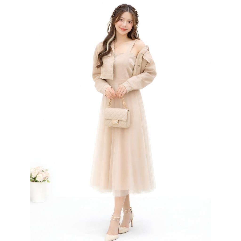 2in1 Set Jocelyn Tile Setelan Dress + Outer Wanita Kekinian Set Baju Santai Wanita Dan Remaja Ro