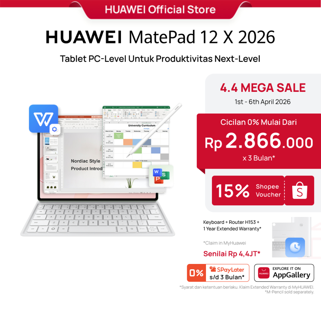 [4.4 Voucher s/d 15%] HUAWEI MatePad 12 X 2026 Tablet l PC-Level WPS 3.0 l Layar PaperMatte Ultra Je
