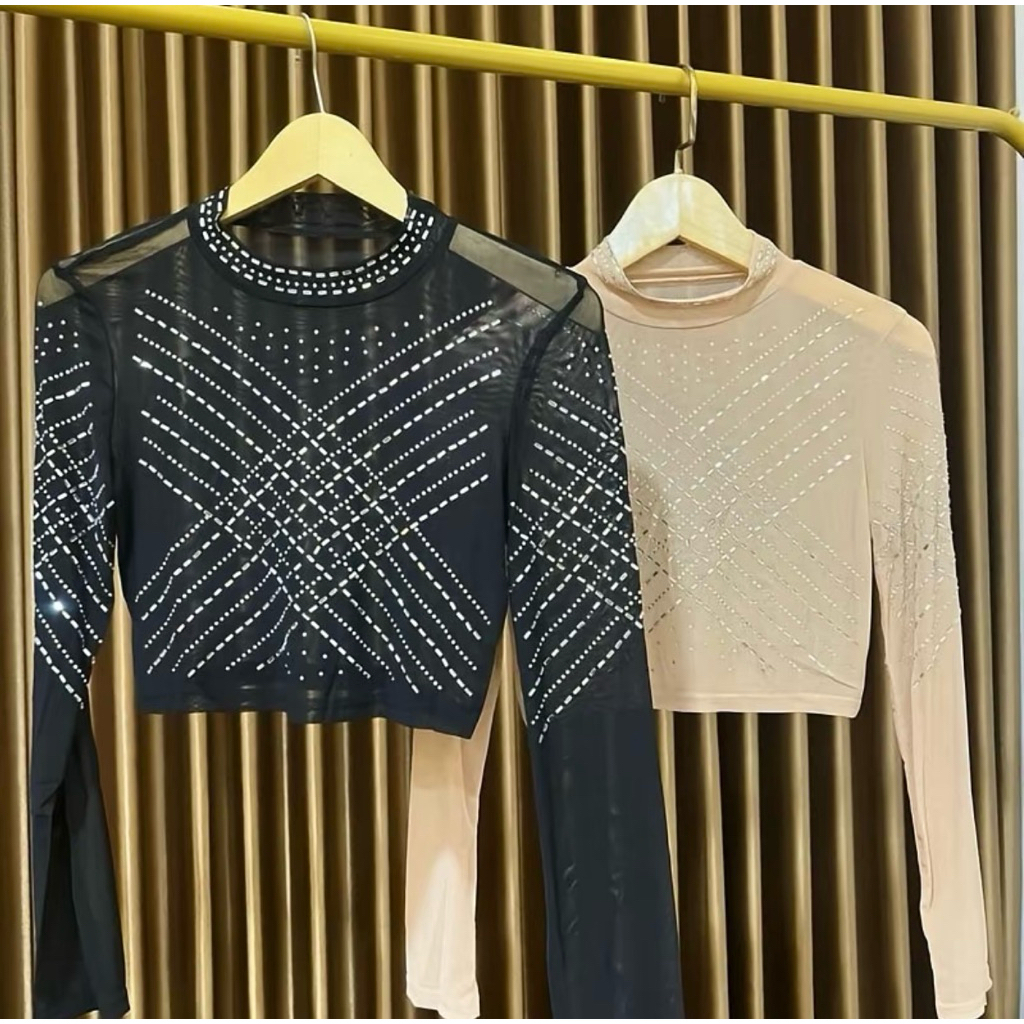 Crop Top Wanita Mesh Rhinestone | Atasan Transparan Lengan Panjang | Party Top