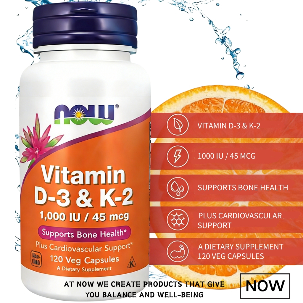 Now Vitamin D3 K2 120 Tablets Mendukung kesehatan tulang dan sendi/Meningkatkan daya tahan tubuh/Kom