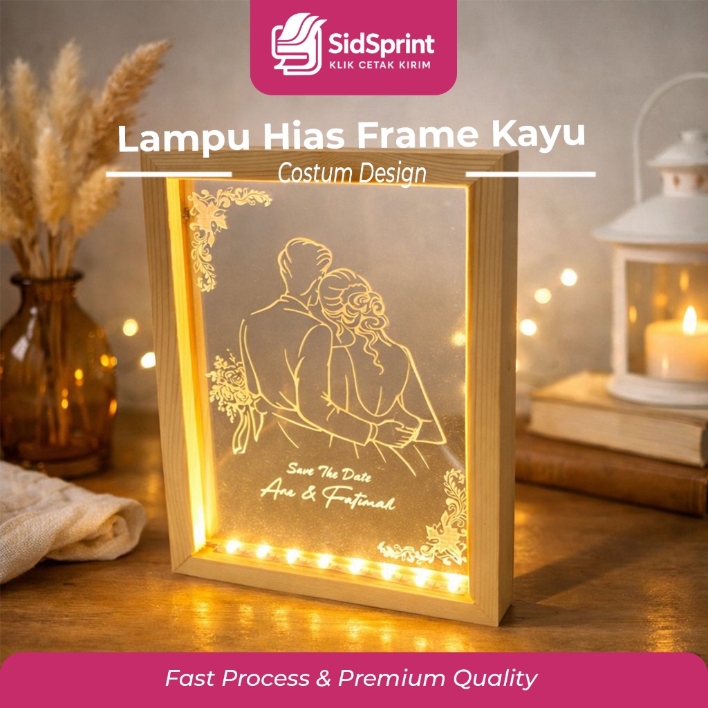 Sids Print Lampu Hias Frame Kayu Akrilik LED Custom Foto dan Nama Pasangan