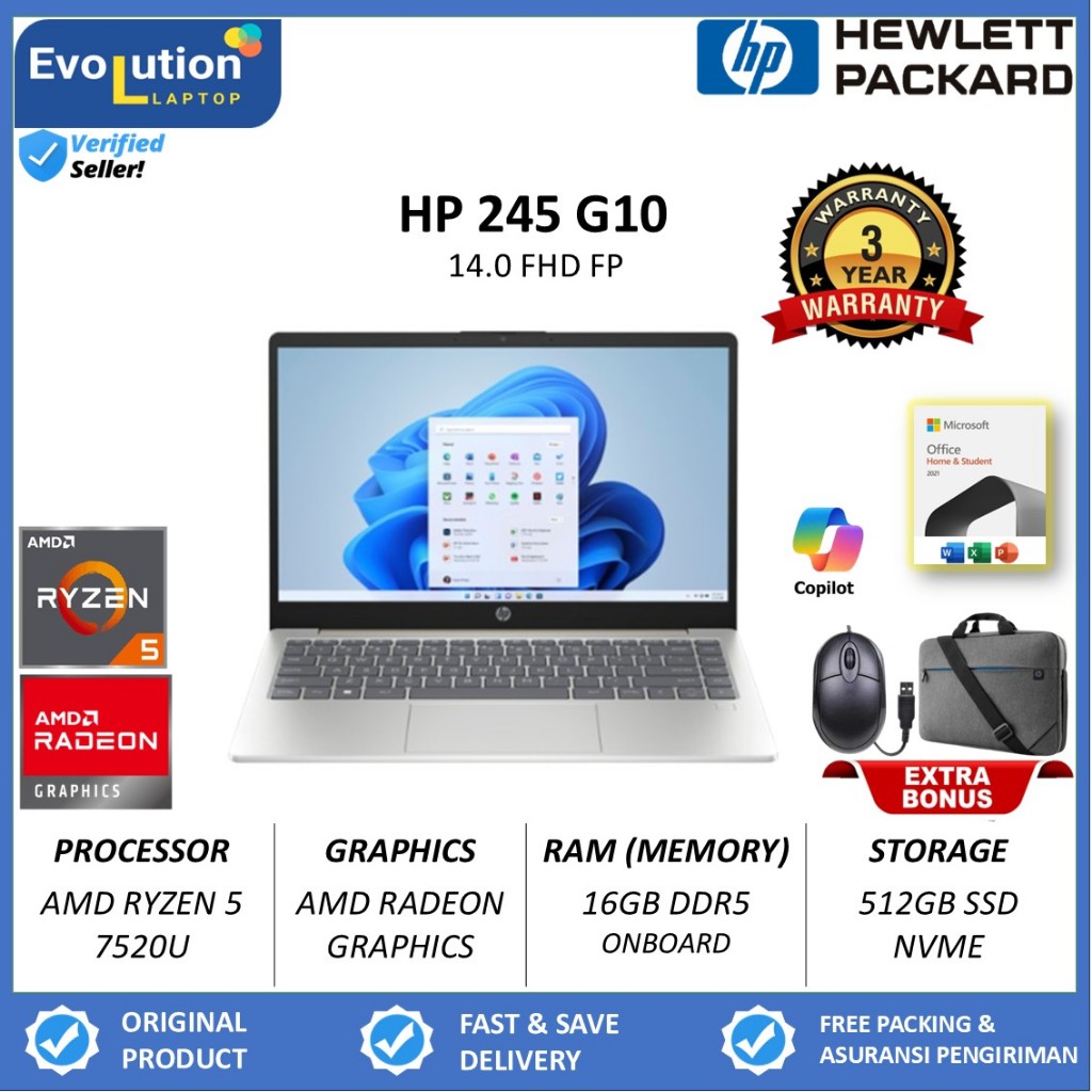 Laptop gaming HP 245 G10 Ryzen 5 7520U Ram 16GB SSD 512GB 14inc windows 11 garansi 3 tahun