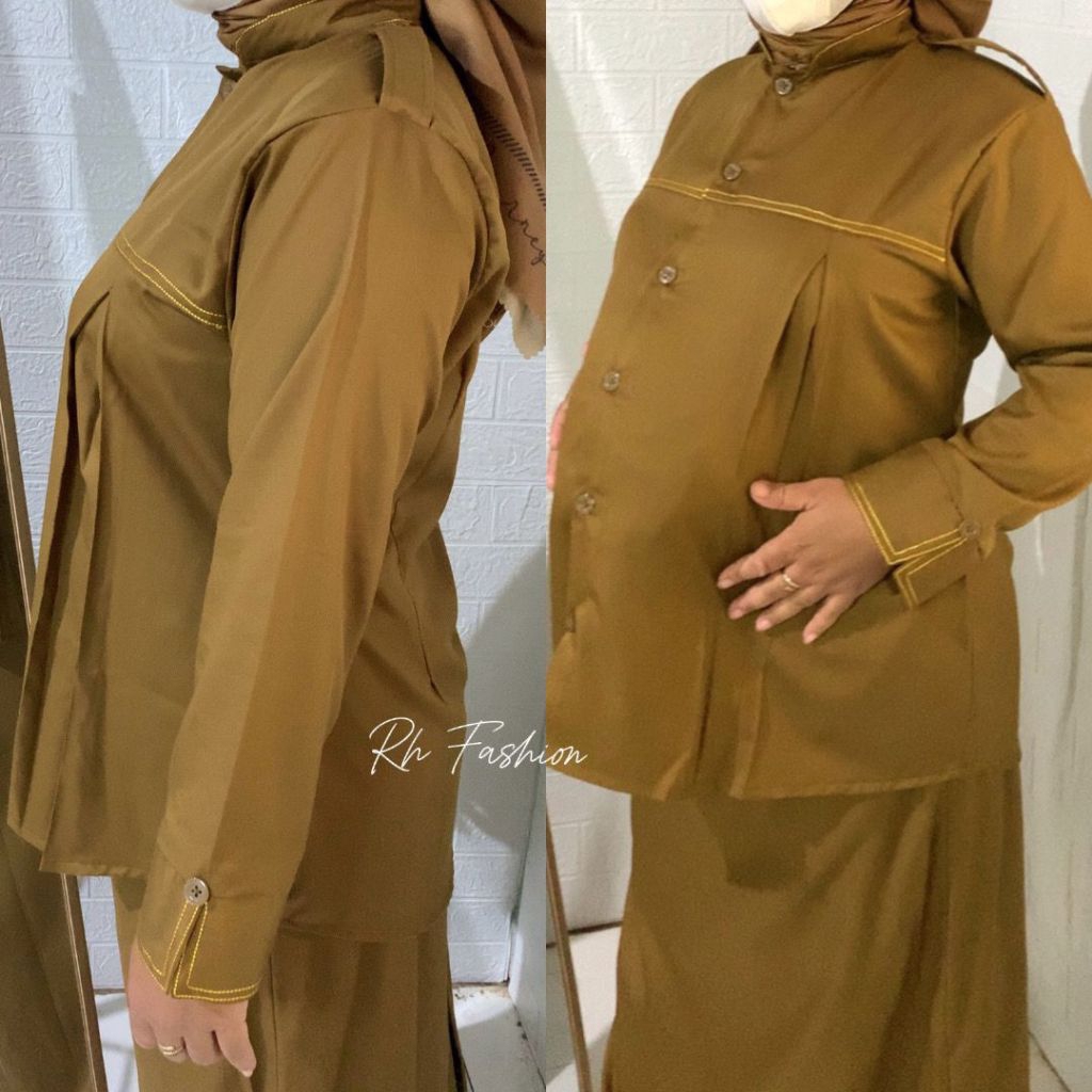 Baju Stelan PDH khaki tua wanita Baju hamil pns Baju hamill pemda benang timbul