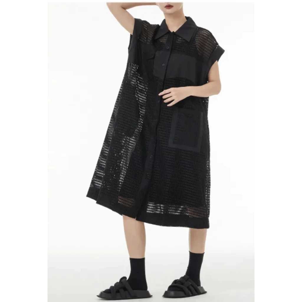 BAJS Kemeja Blus Jaring Panjang Wanita Oversize Mesh Hitam Putih Kekinian