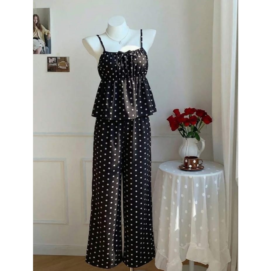 Setelan Wanita Polkadot Elegant Home Wear - One Set Tanktop & Kulot - Baju Tidur Wanita Wolfish Prem