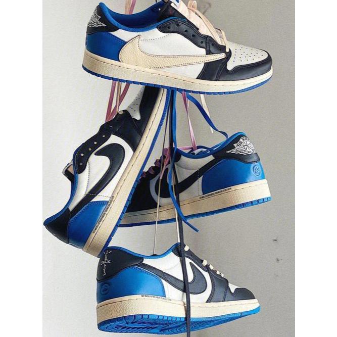 Travis Scott x Fragment Air Jordan 1 Low Putih Hitam Biru Sepatu Kasual AJ1 Pria & Wanita