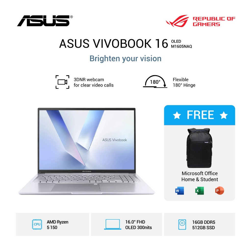 Asus Vivobook 16 M1605NAQ AMD Ryzen 5 150 16GB SSD 512GB Windows 11 + Office 16.0 WUXGA Oled Keyboar