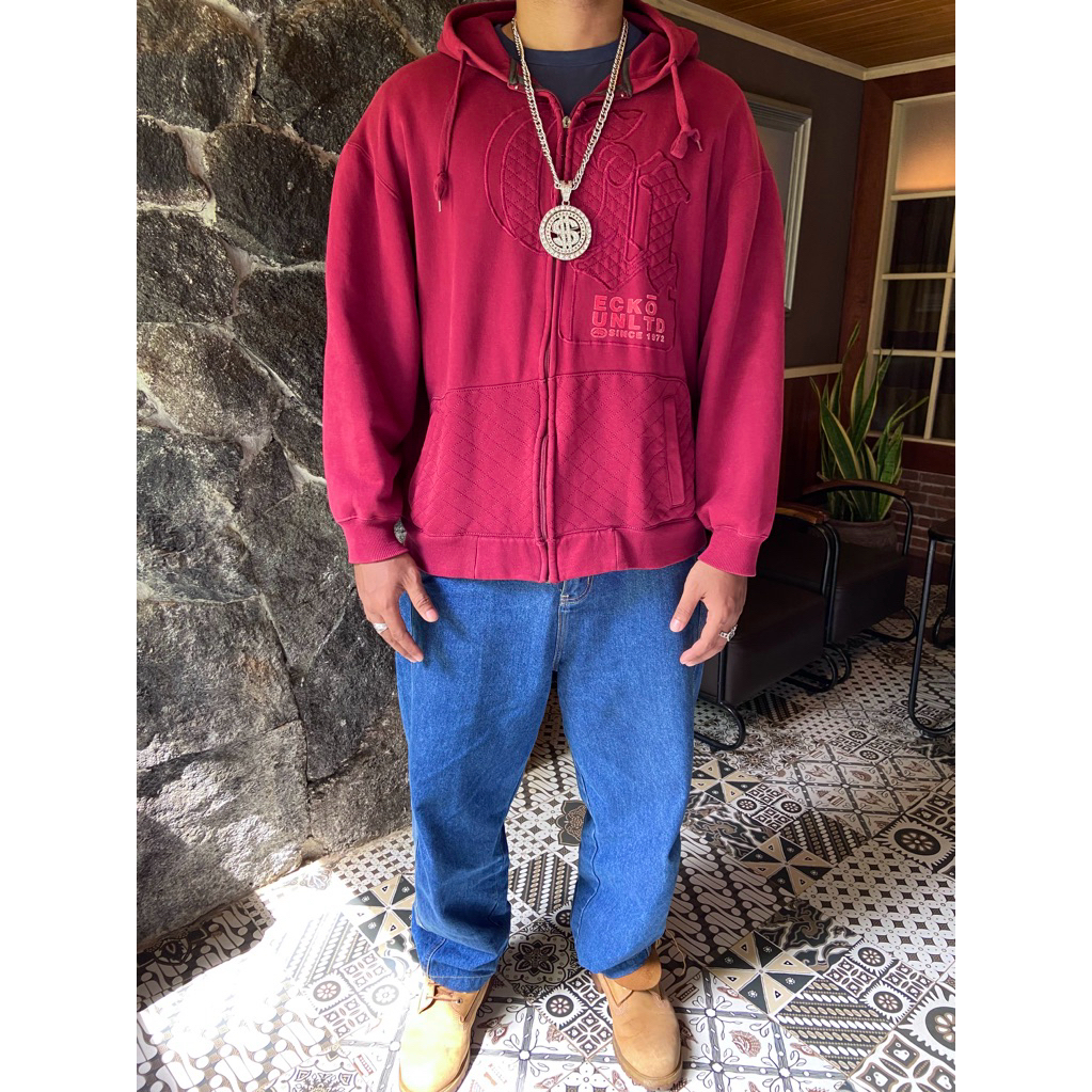 Y2K Ecko Untld Hip Hop Urban Maroon Heavyweight Hoodie