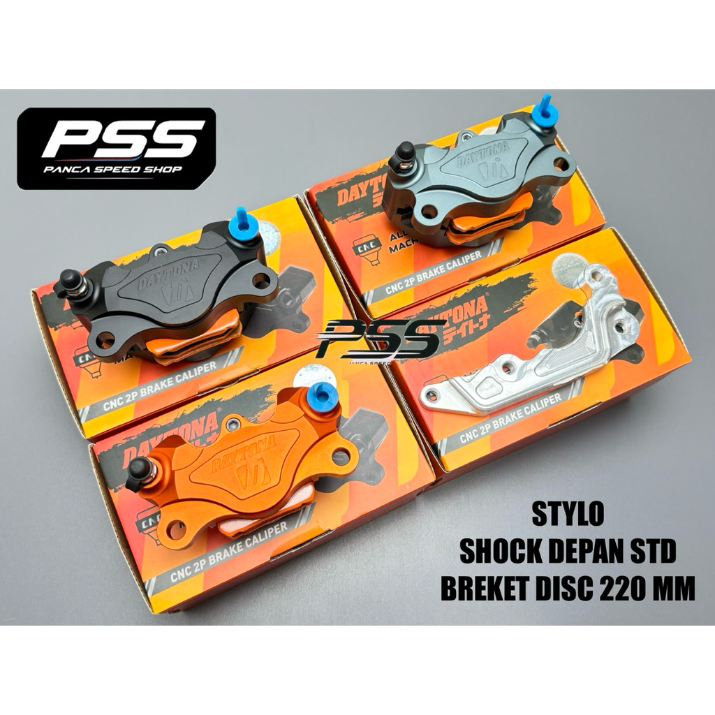 KALIPER DEPAN DAYTONA 2 PISTON STYLO 160 ABS PCX 150 160 ABS PLUS BREKET DEPAN CNC KALIPER 2P DISC 2