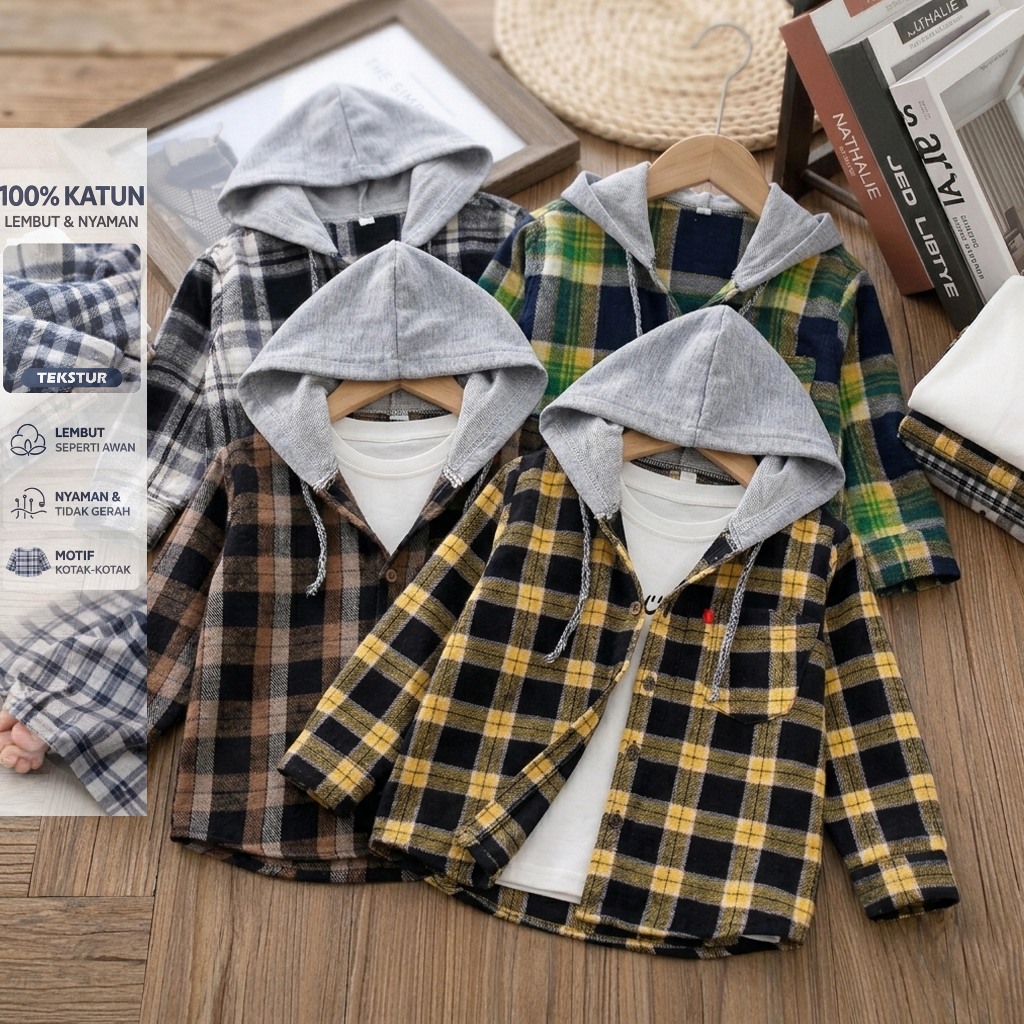 baju kemeja anak laki laki lengan panjang motif kotak kotak flanel usia 2-10 hoodie