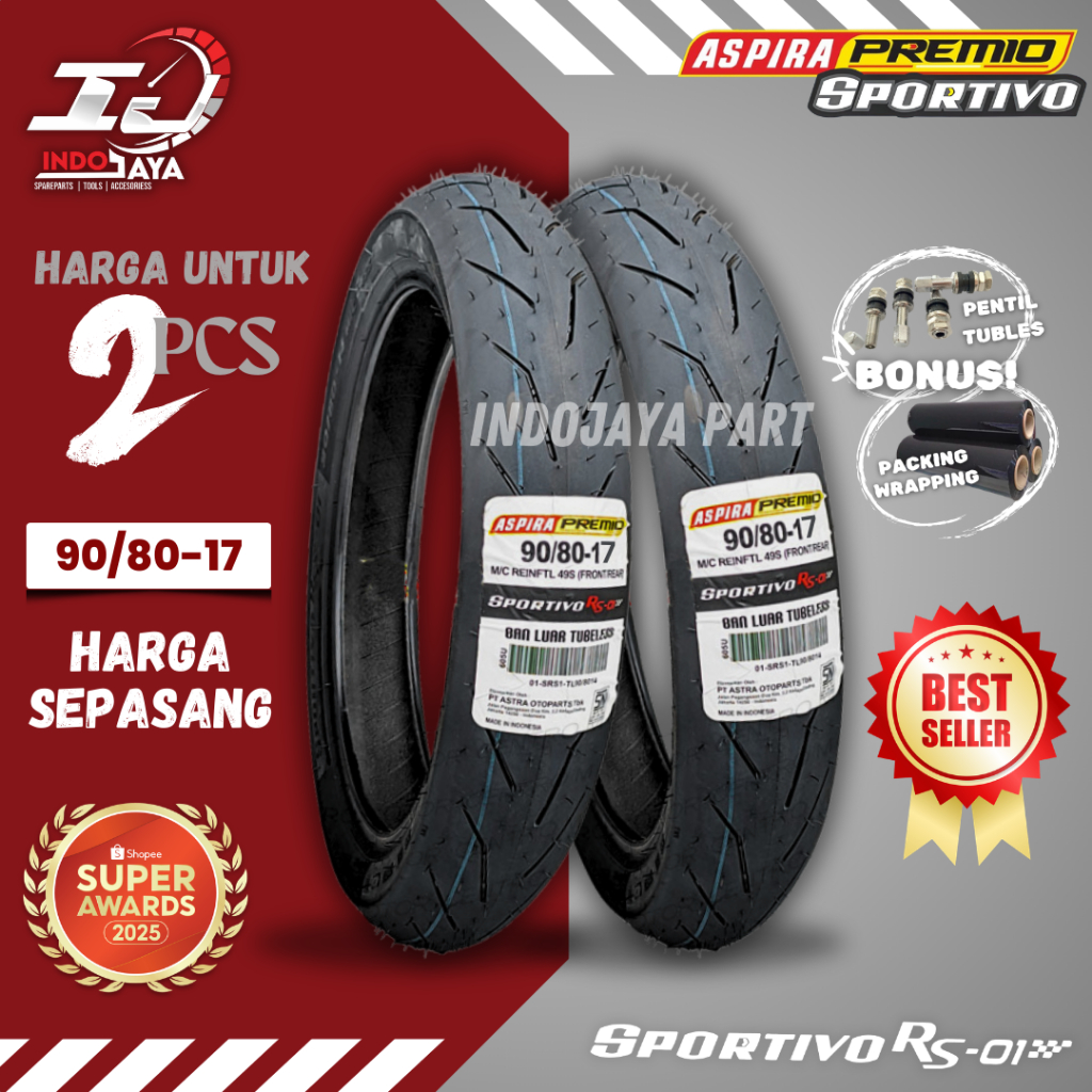 [PAKET MURAH SEPASANG] BAN ASPIRA PREMIO SPORTIVO RS01 RING 17  TUBELESS SOFT COMPOUND ( 90/80-17 ) 