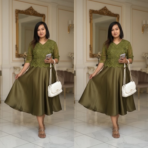 Dress Sandria Kombinasi Satin dan Brokat Cordop