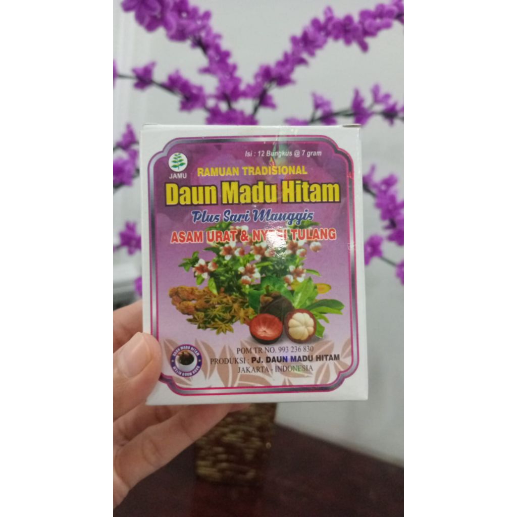 Serbuk Daun Madu Hitam Plus Sari Manggis isi 12 sachet.