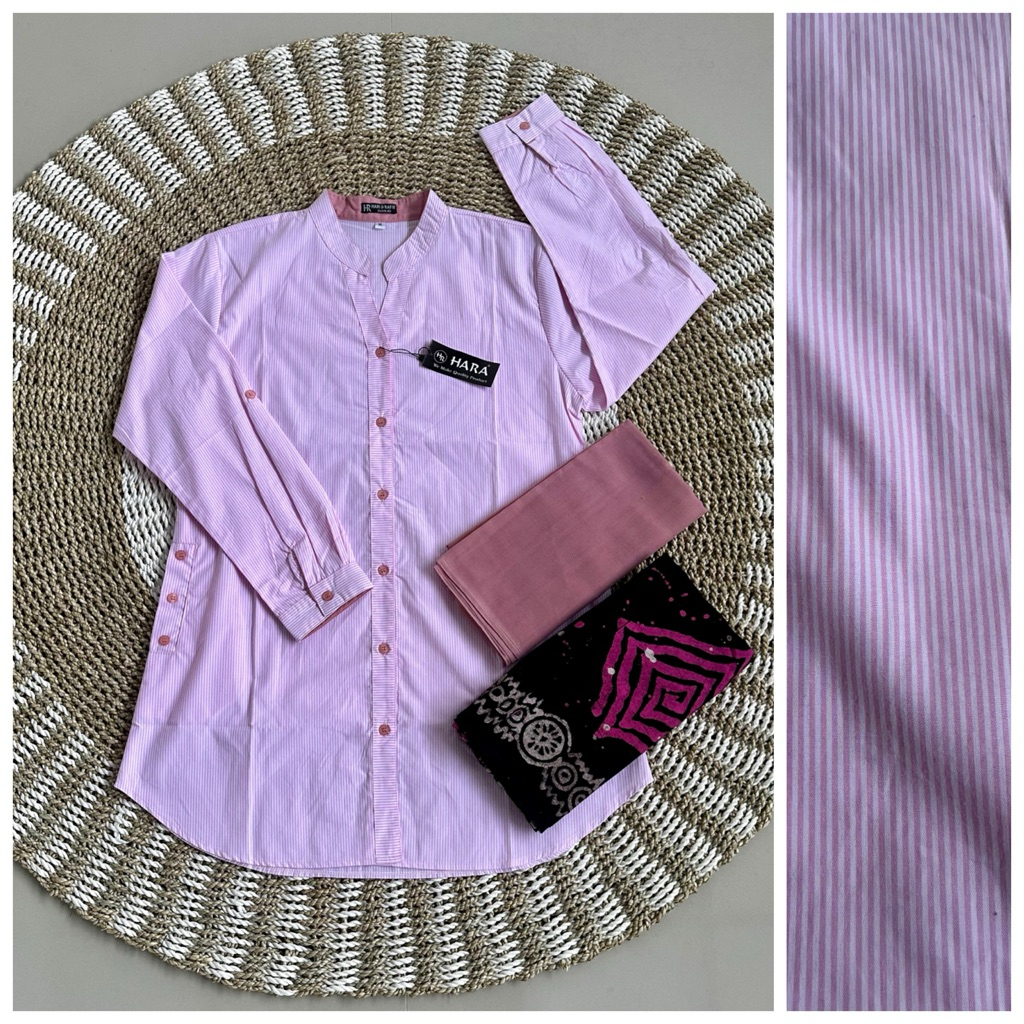 Stelan Tunik Hara Motif Salur Terbaru + Sarung Aqil + Hijab