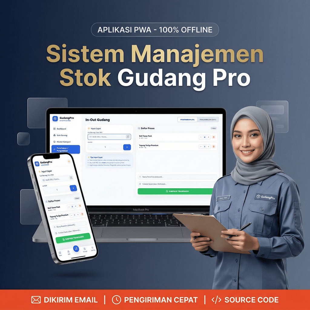 Source Code Aplikasi Manajemen Stok Gudang Web App PWA Offline HTML Barcode Scanner