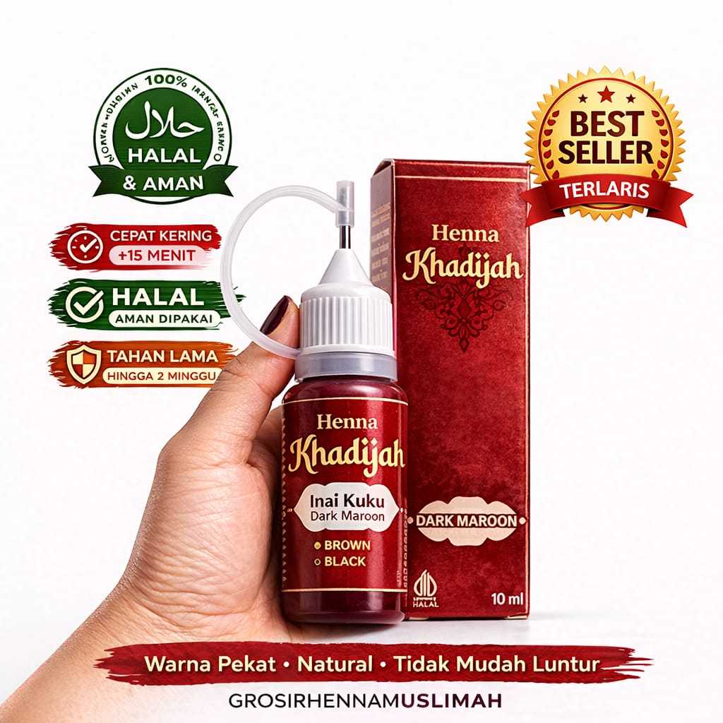 Henna Khadijah Original Inai Kuku Halal Warna Maroon Natural Tahan Lama | Henna Cair Praktis Muslima