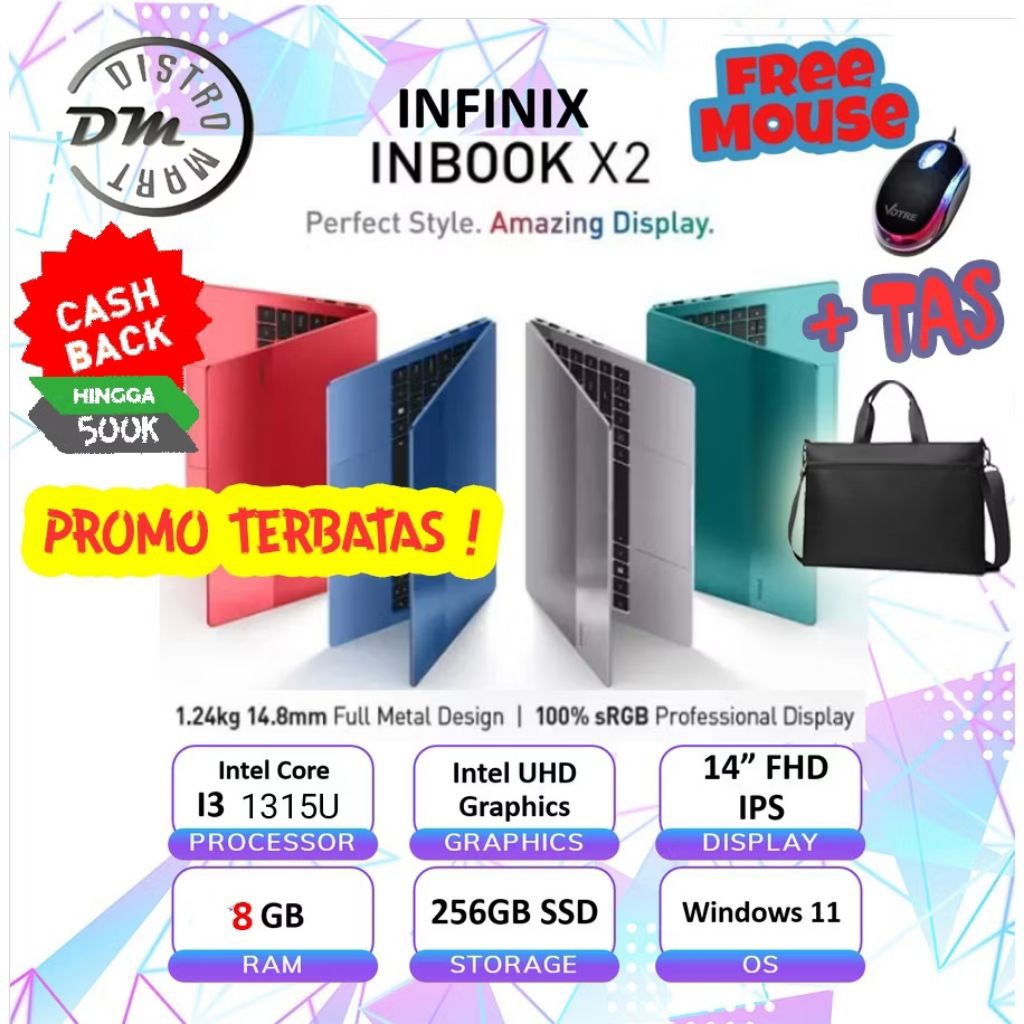 Laptop Infinix Inbook X2 Core i3-1315U RAM 8GB ROM 256GB SSD 14" IPS