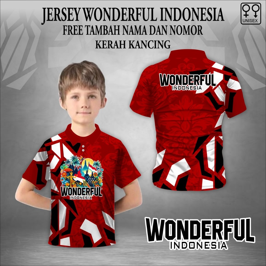 Jersey polo anak Wonderful Indonesia Baju Olahraga Tema Budaya Kaos Pariwisata Indonesia wonderful