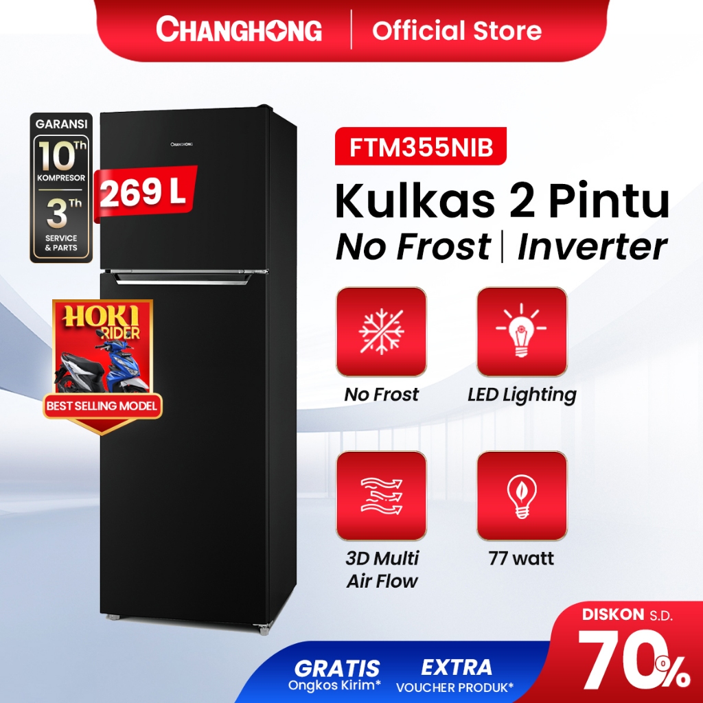[BIG CAPACITY] Changhong Kulkas 2 Pintu  (Refrigerator) kulkas Inverter No Frost tanpa Bunga Es Lema