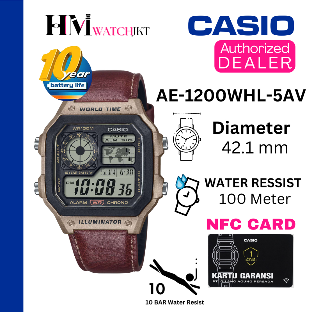 CASIO AE-1200WHL-5AVDF Jam Tangan Pria Original Digital Kulit Antiair AE-1200WHL-5AV AE1200