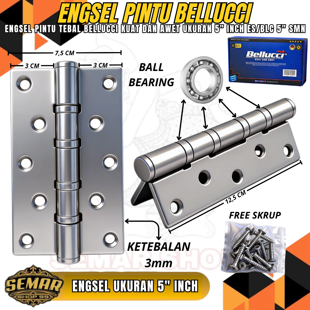 Engsel Pintu Panel 5"x3"x3MM Merek BELLUCCI Bahan steinless steel KUAT DAN AWET Engsel Pintu kayu 5"