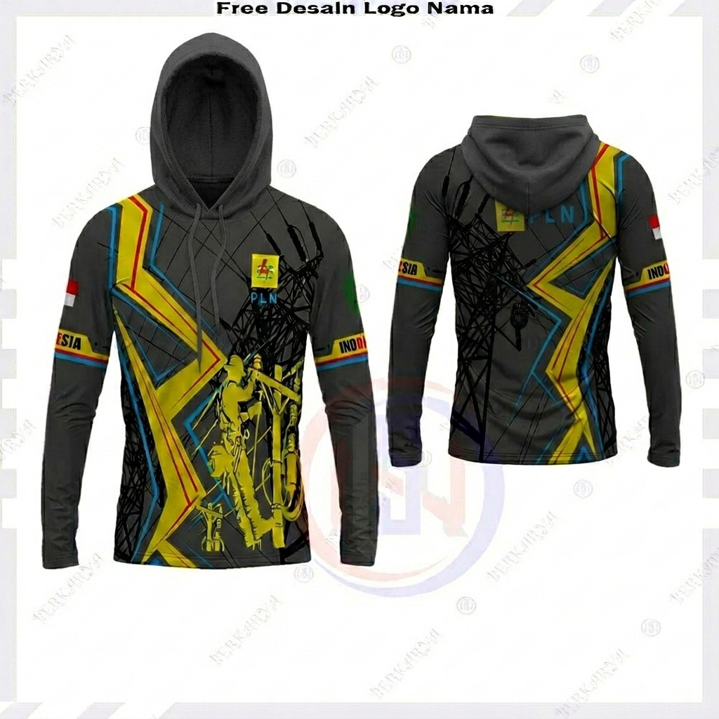 Baju PLN / Kaos PLN Lengan Panjang / Kaos Kupluk Pria Jersey PLN Listrik Pintar Fullprint