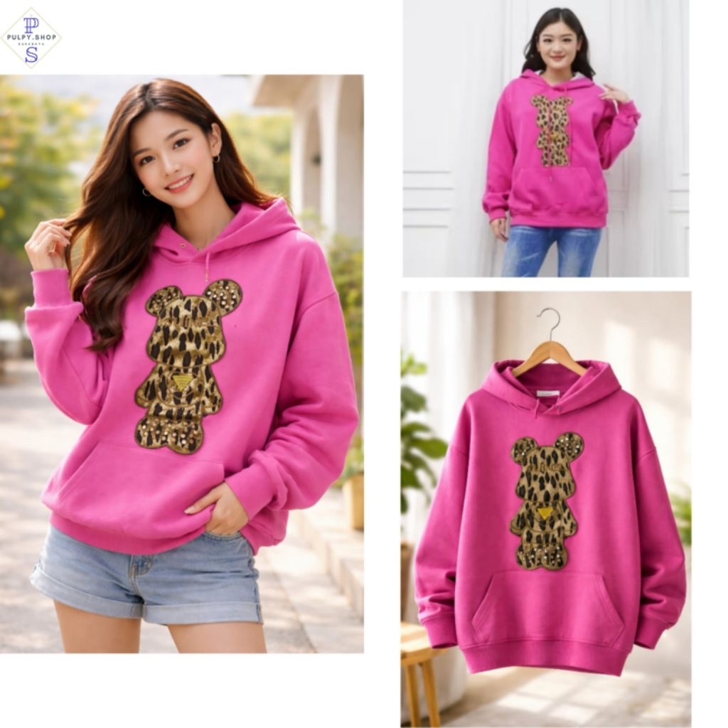 Jaket Sweater Hoodie Wanita Oversize Topi Jumbo Kaos Cewek Lengan Panjang Pink