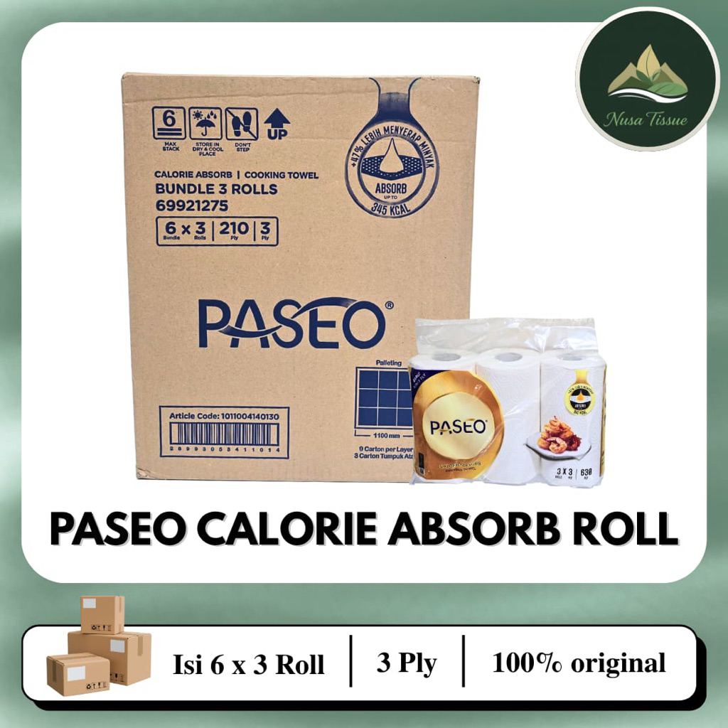 Tisu Tissue Paseo Calorie Absorb Towel Roll 1 dus 18 Rolls – Tisu Dapur Penyerap Minyak | 70s | 100%