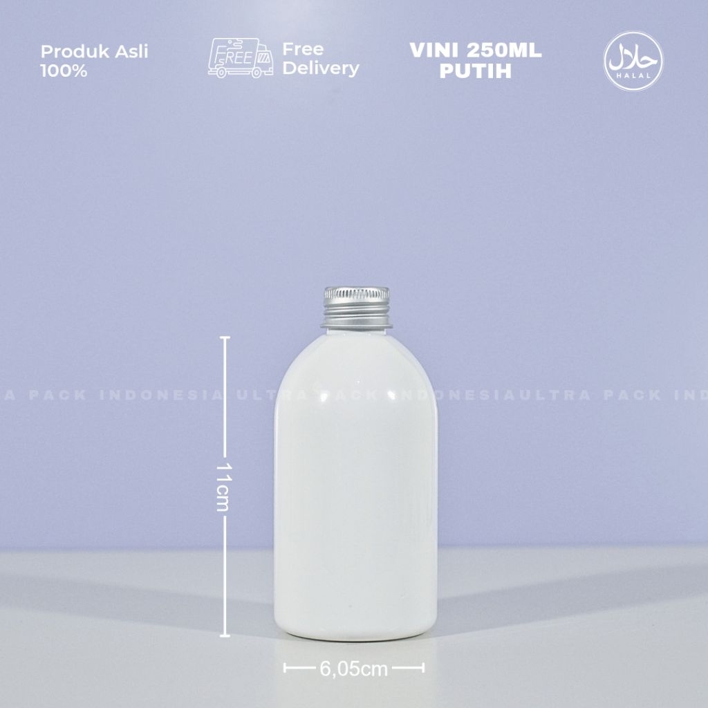 KEMASAN MINUMAN BOTOL FOOD GRADE - PET VINI 250ML PUTIH + TUTUP ULIR ALUMINIUM