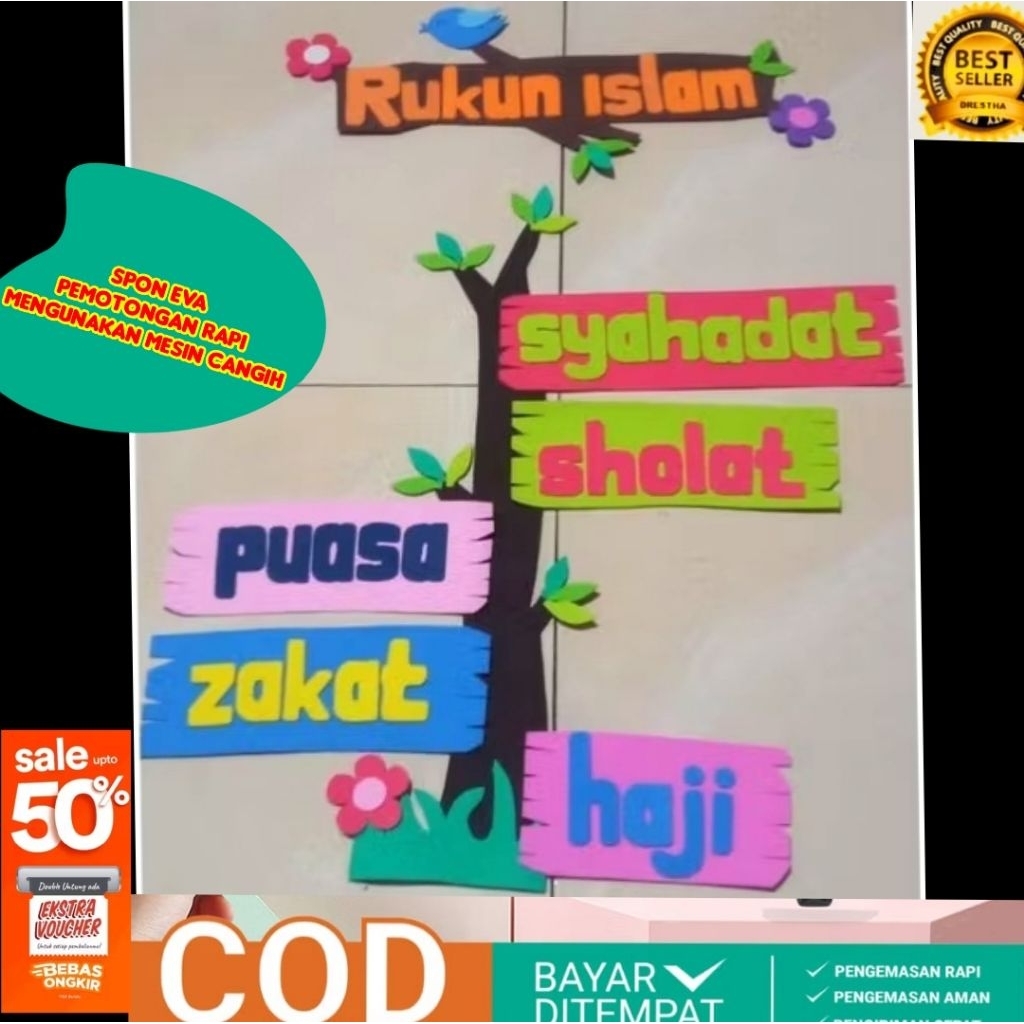 Hiasan dinding spon eva islami nama nama rukun Islam/dekorasi ruang sekolah TK paud nama nama rukun 