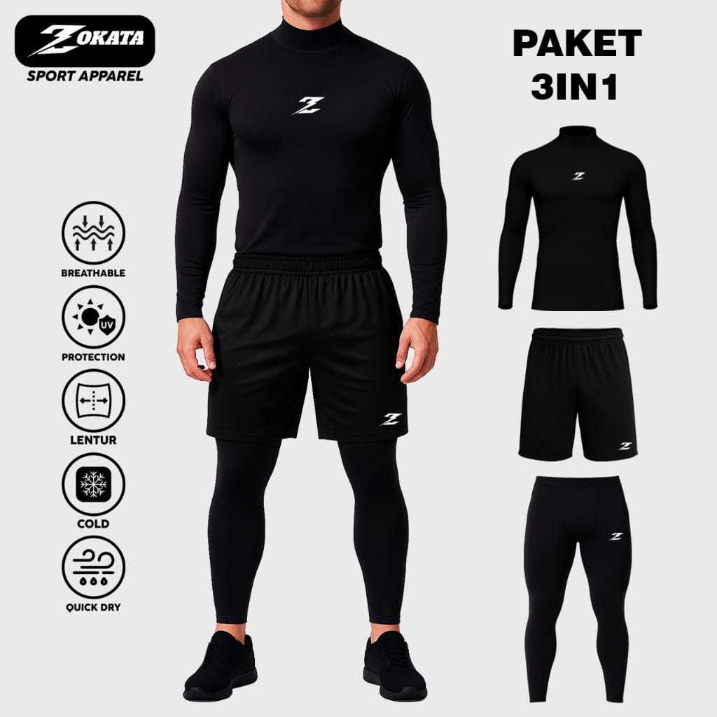 Paket 3IN1 Setelan Olahraga Pria Wanita Baselayer Manset Thumbhole Legging Dan Celana Pendek Dryfit 